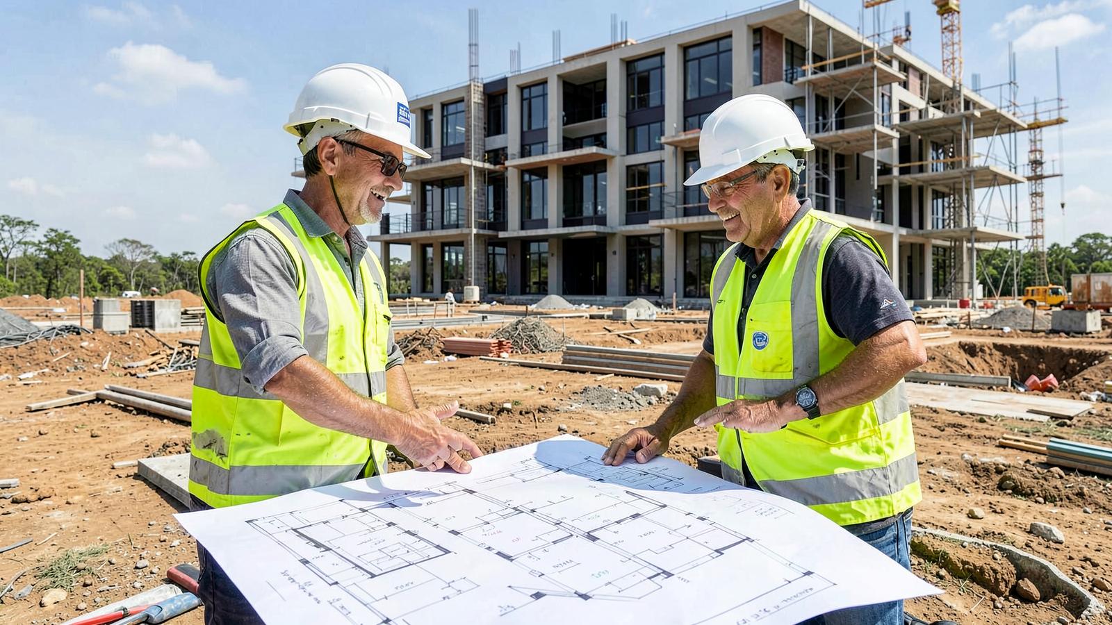 Zwei Fachleute besprechen einen Bauplan auf einer Baustelle