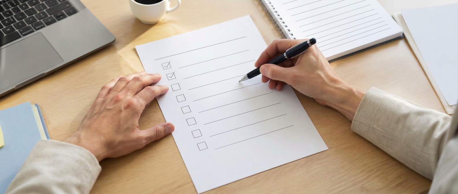 Zwei Hände bearbeiten eine Checkliste mit unleserlichen Einträgen
